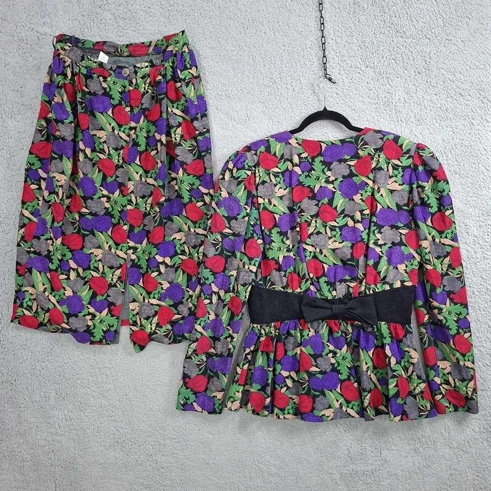 Vintage 80s Se Lah Skirt Suit 12 Bold Red Purple Floral Peplum Blazer‎ 2 Piece